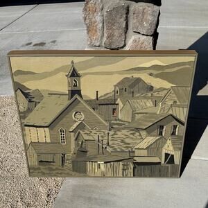 painting by Pat Driskel of a town village muted sepia-toned palette historical